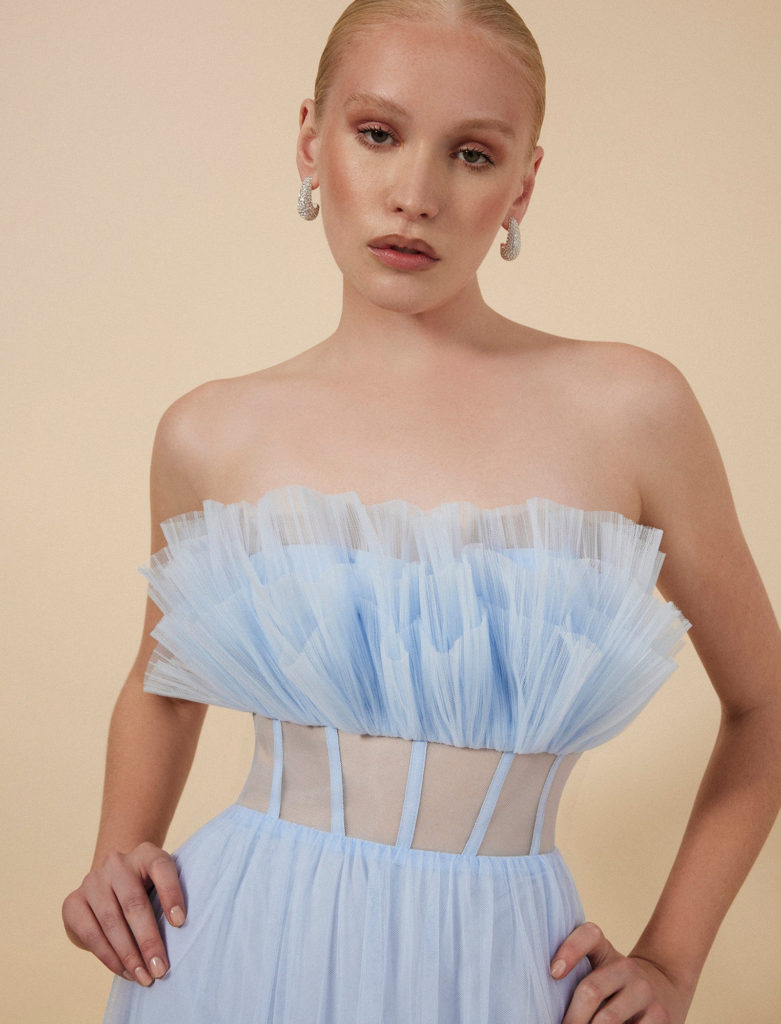 Honey Couture LUCIA Baby Blue Sheer Bustier Corset Tulle Formal