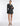 FRONT VIEW BLACK COMBO BELTED TWEED BLAZER DRESS WITH FEATHER SLEEVE CUFFS