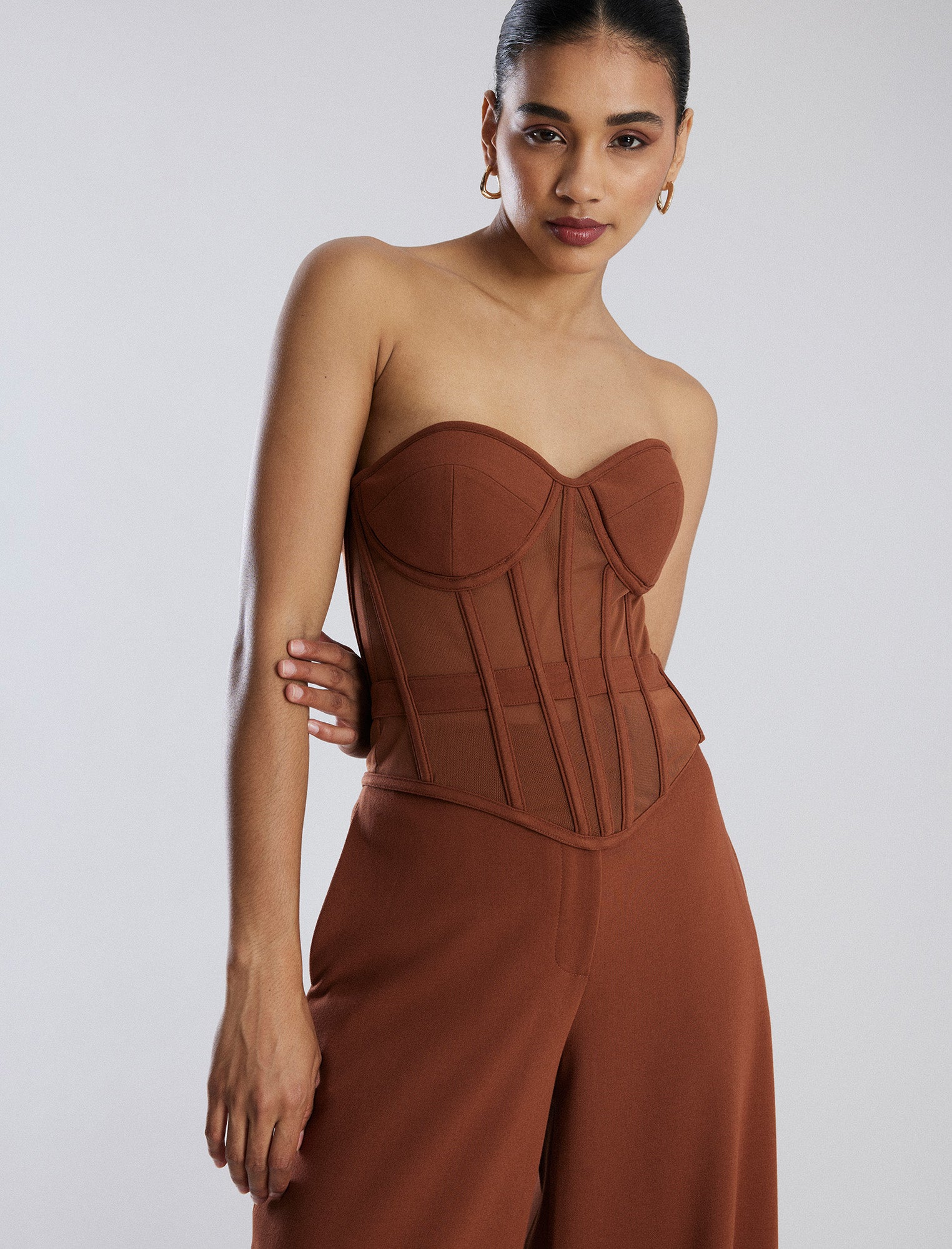 Brown Strapless Bustier Top, Tops