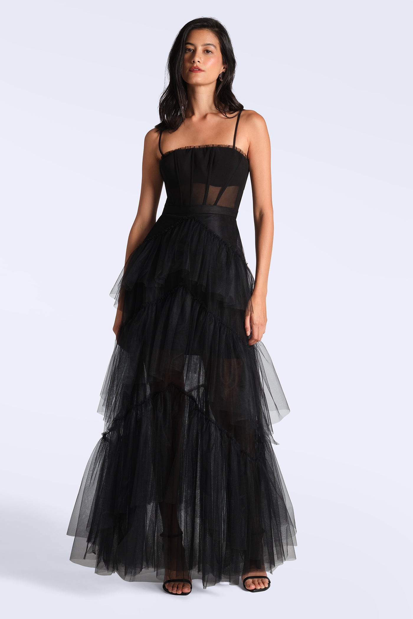 Oly Tiered Ruffle Tulle Evening Gown Black / 14