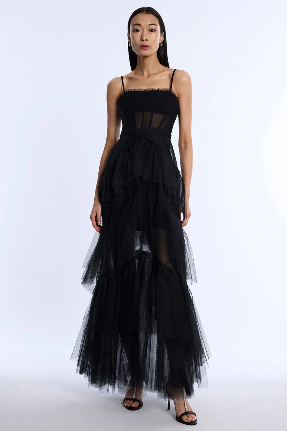 Oly Tiered Ruffle Tulle Evening Gown Black / 14 Oly Tiered Ruffle Tulle Evening Gown Black / 14
