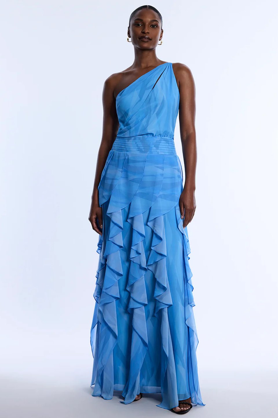 bcbg one shoulder ruffle dress Printed One Shoulder Gown