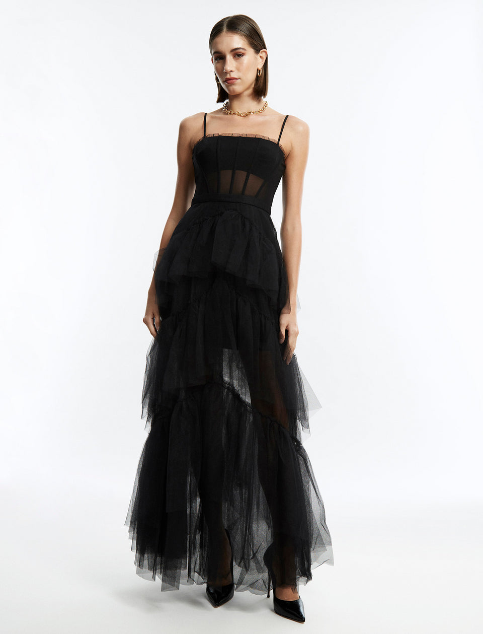 Black Oly Tiered Ruffle Tulle Gown | Dresses | BCBGMAXAZRIA