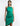 FRONT DETAIL VIEW GREEN SATIN SLEEVELESS HALTER RUCHED MINI DRESS WITH BACK STRAP CRYSTAL DETAIL