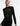 FRONT DETAIL VIEW BLACK LONG SLEEVE MOCK NECK ILLUSION MIDI DRESS WITH CUTOUT DETAILS