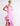 FRONT DETAIL VIEW FUCHSIA PINK STRAPLESS DRESS WITH HIGH-LOW RUFFLED HEM