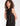 FRONT DETAIL VIEW WOMEN'S BLACK SATIN HALTER NECK DRESS WITH TIE NECK DETAIL