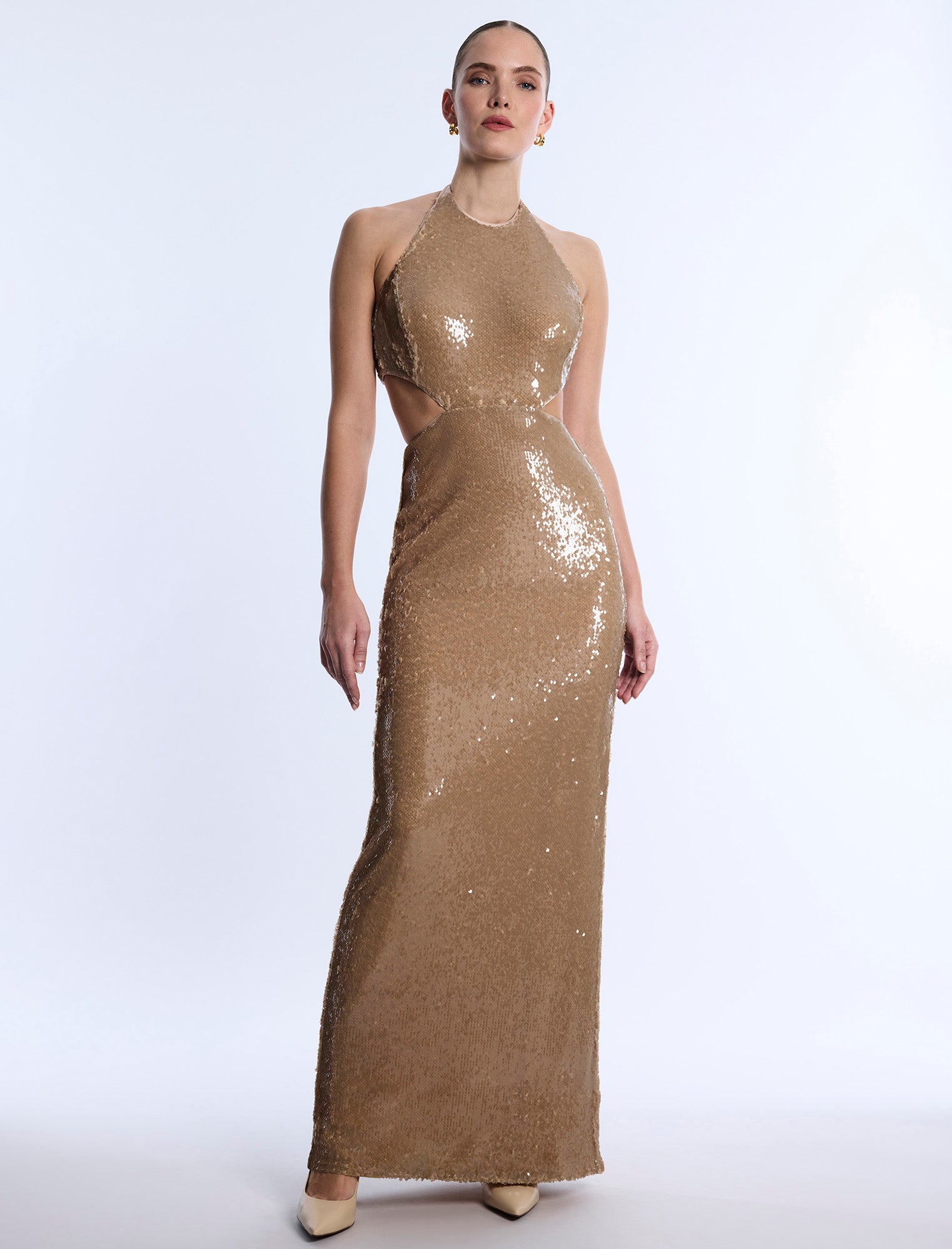 Sequin Cutout Halter Gown BCBGMAXAZRIA Sequin Cutout Halter Gown BCBGMAXAZRIA