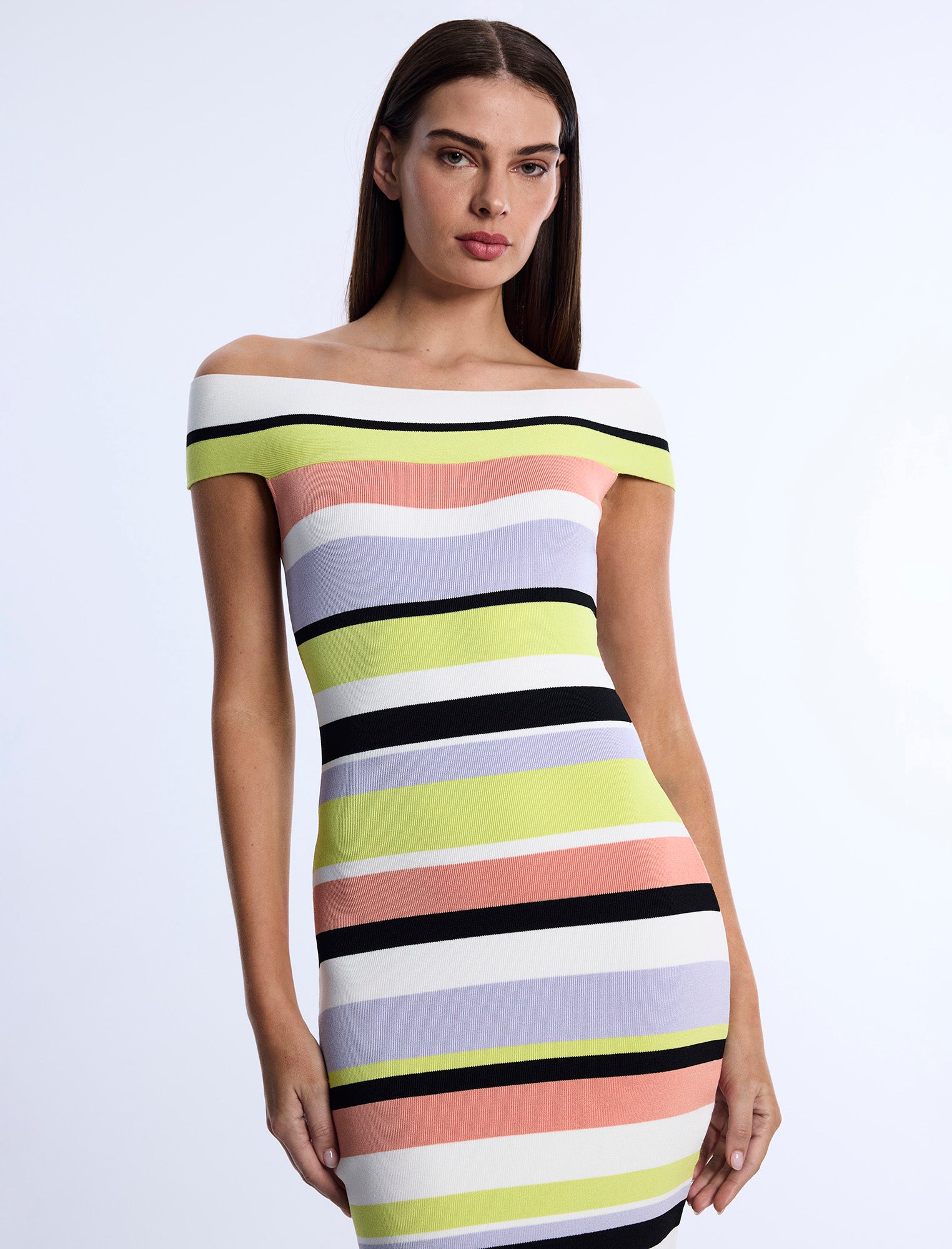 striped off the shoulder bodycon dress WOW Couture Bodycon Dress Rainbow Variegated Striped Off the Shoulder Back Zip