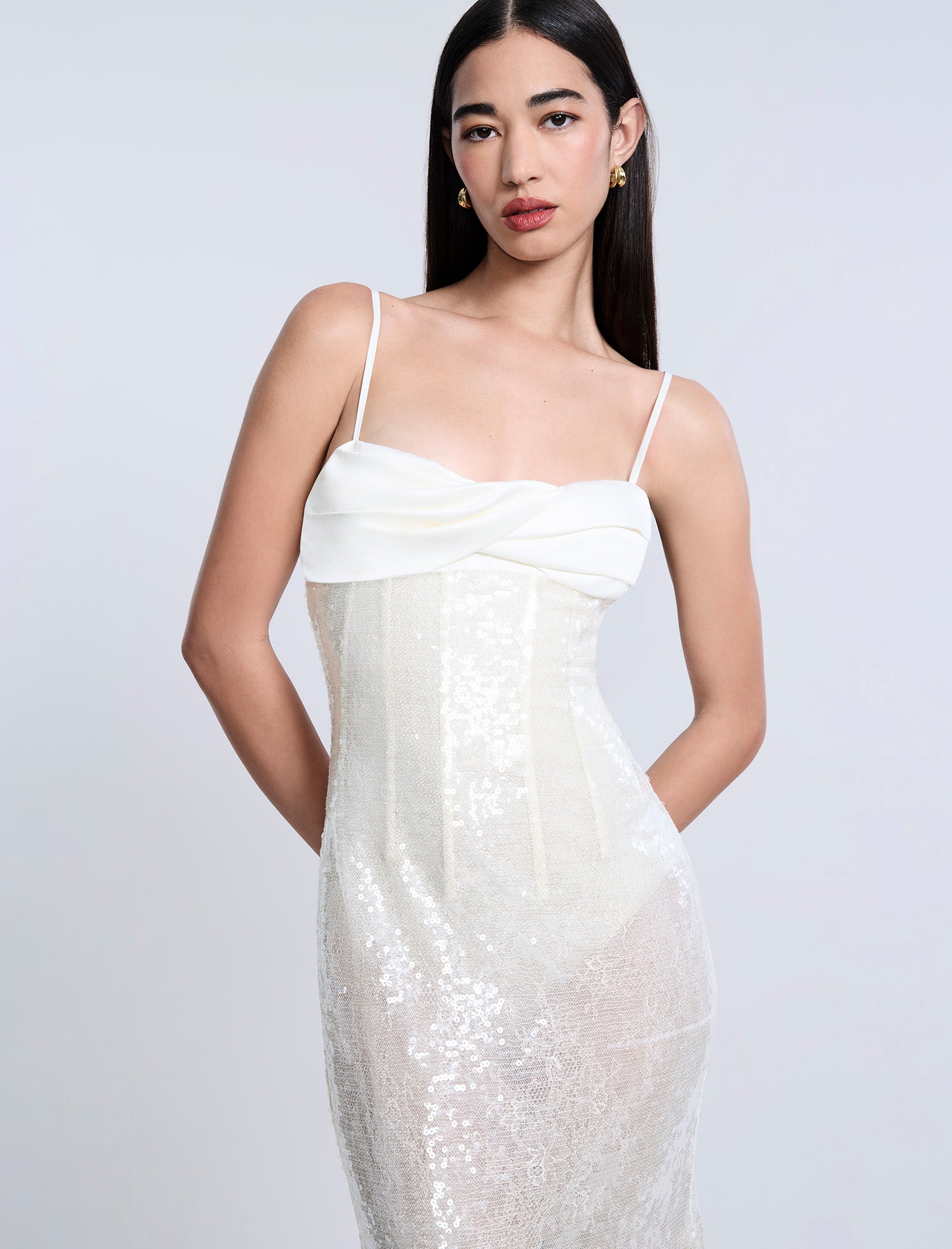bcbg white sequin dress BCBGMAXAZRIA White Sequin Dress, Draped Halter Mini XS