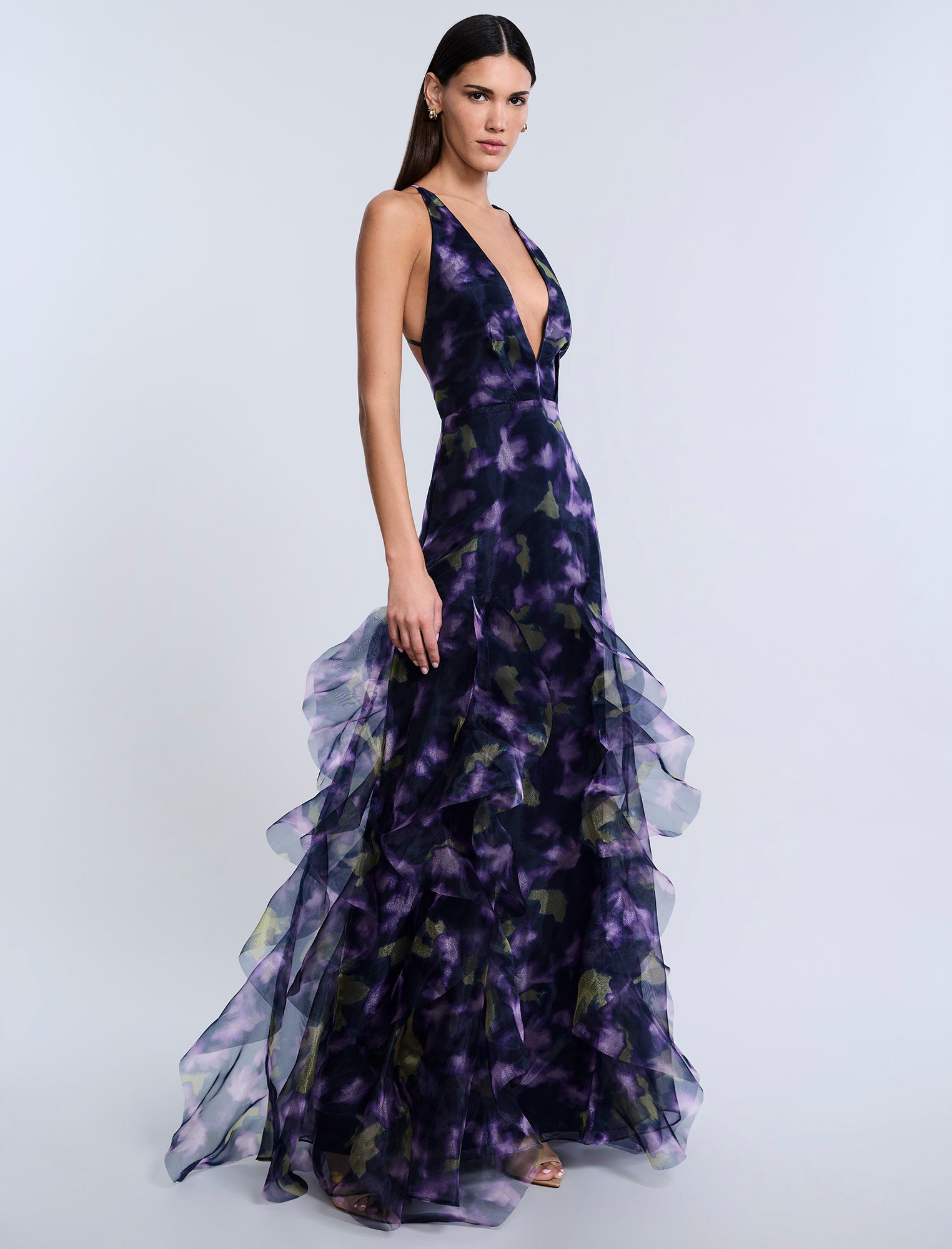 bcbg long purple dress Ruffle Halter Chiffon Gown