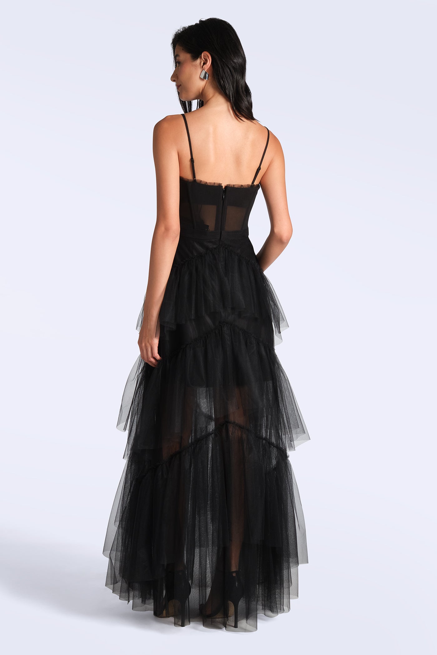 Oly Tiered Ruffle Tulle Evening Gown Black / 14