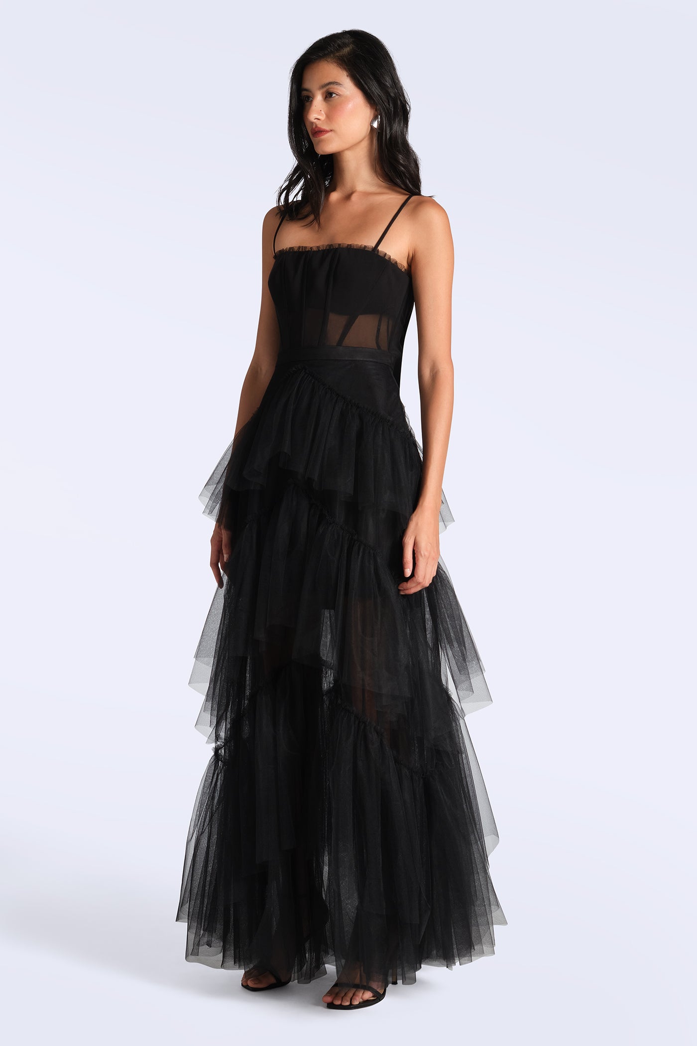 Oly Tiered Ruffle Tulle Evening Gown Black / 14