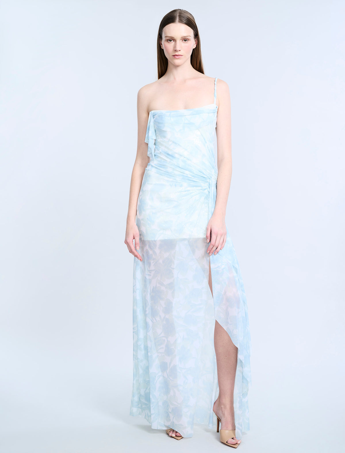 bcbg blue floral dress Mesh & Sequin Gown Sky Print / 4 Designed with an asymmetric Size:USA 10 (L)/42 in.(107 cm)Garment Chest Backless Halter A-Line Midi day-dresses