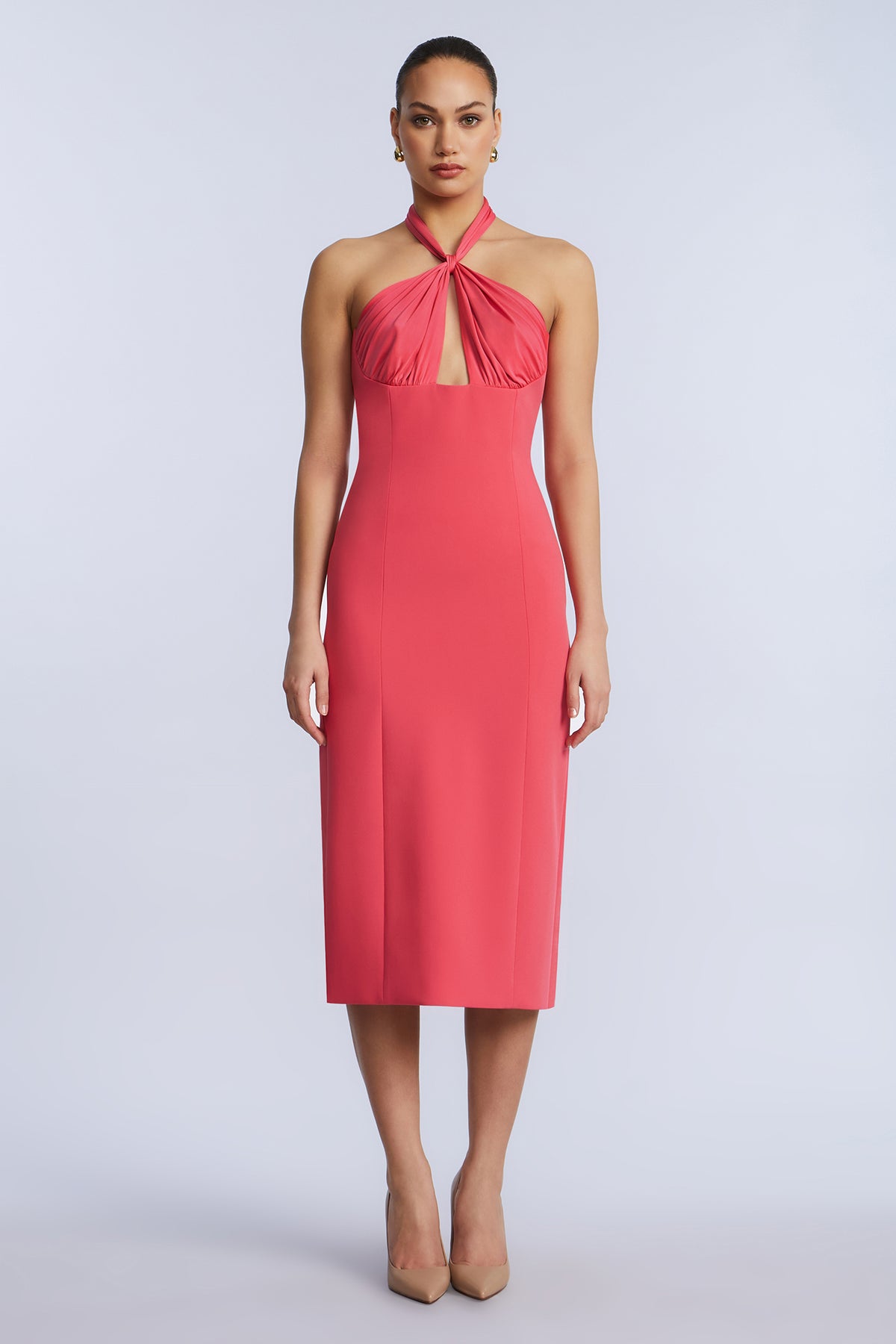 bcbg midi dress With A Twist Womens BCBGMAXAZRIA Scuba Midi Barbara Navegante Maxi Dress collection-espresso Color:Ivory/Nude (as pictured)
