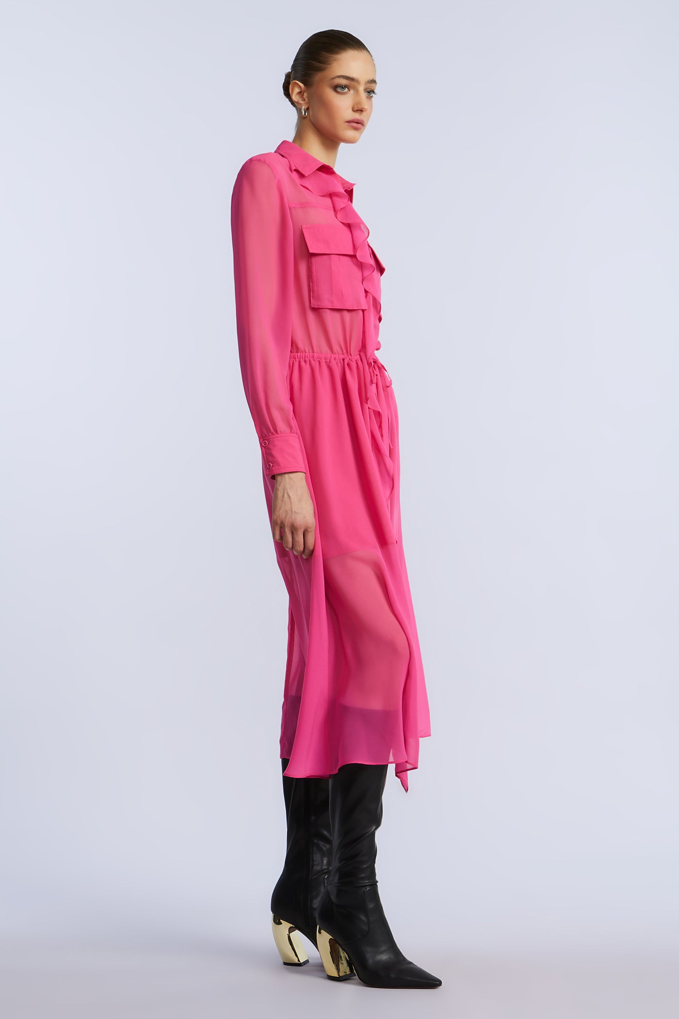bcbg pink ruffle dress Solid Ruffle Dress Fuchsia Purple / 4
