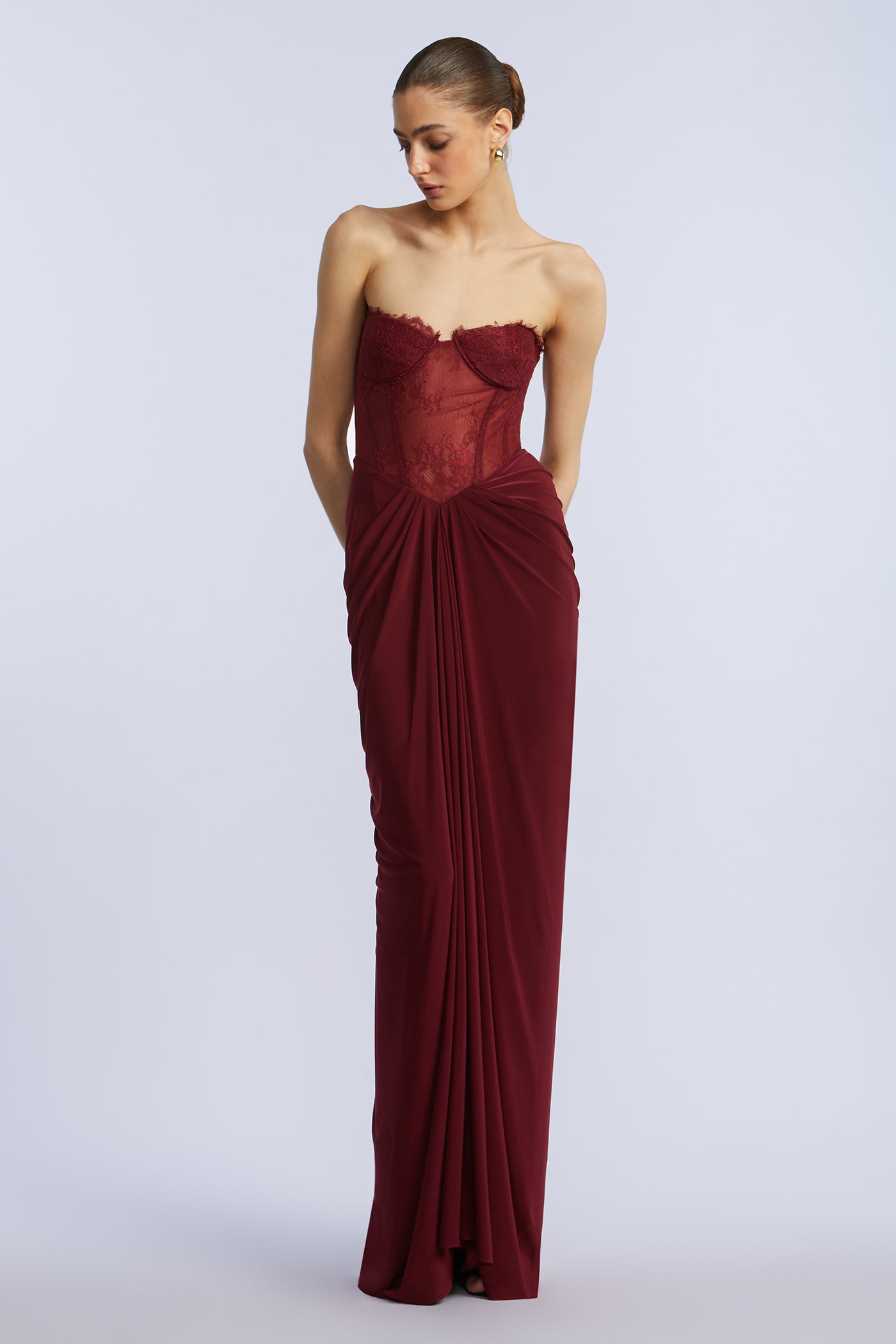 BCBGMAXAZRIA Strapless Lace & Jersey Gown, Cabernet, Women's, 10