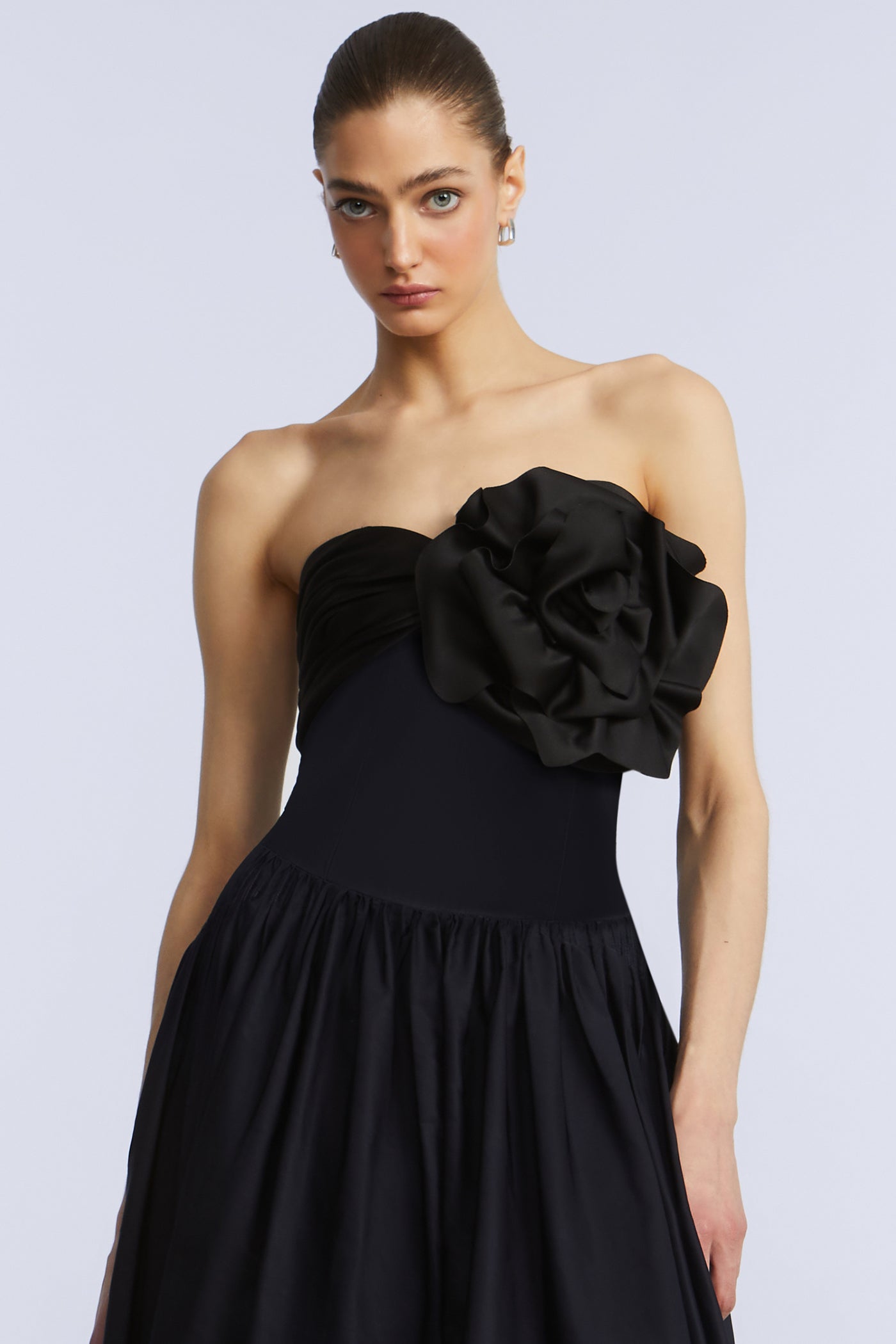 bcbg black high low dress High Low Gown With Flower Black & Sky Captain Combo / 6