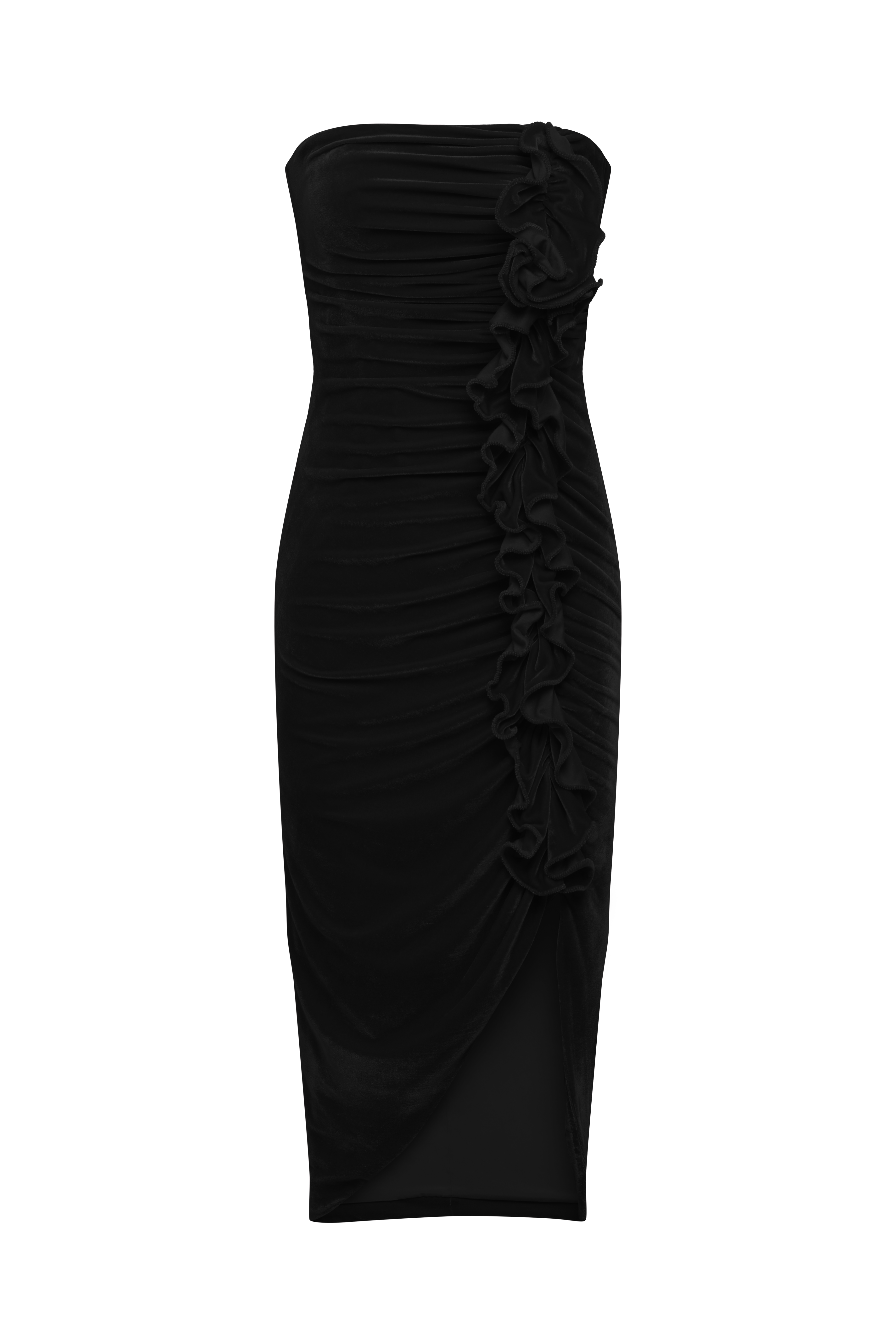 Strapless Velvet Ruffle Dress – BCBGMAXAZRIA