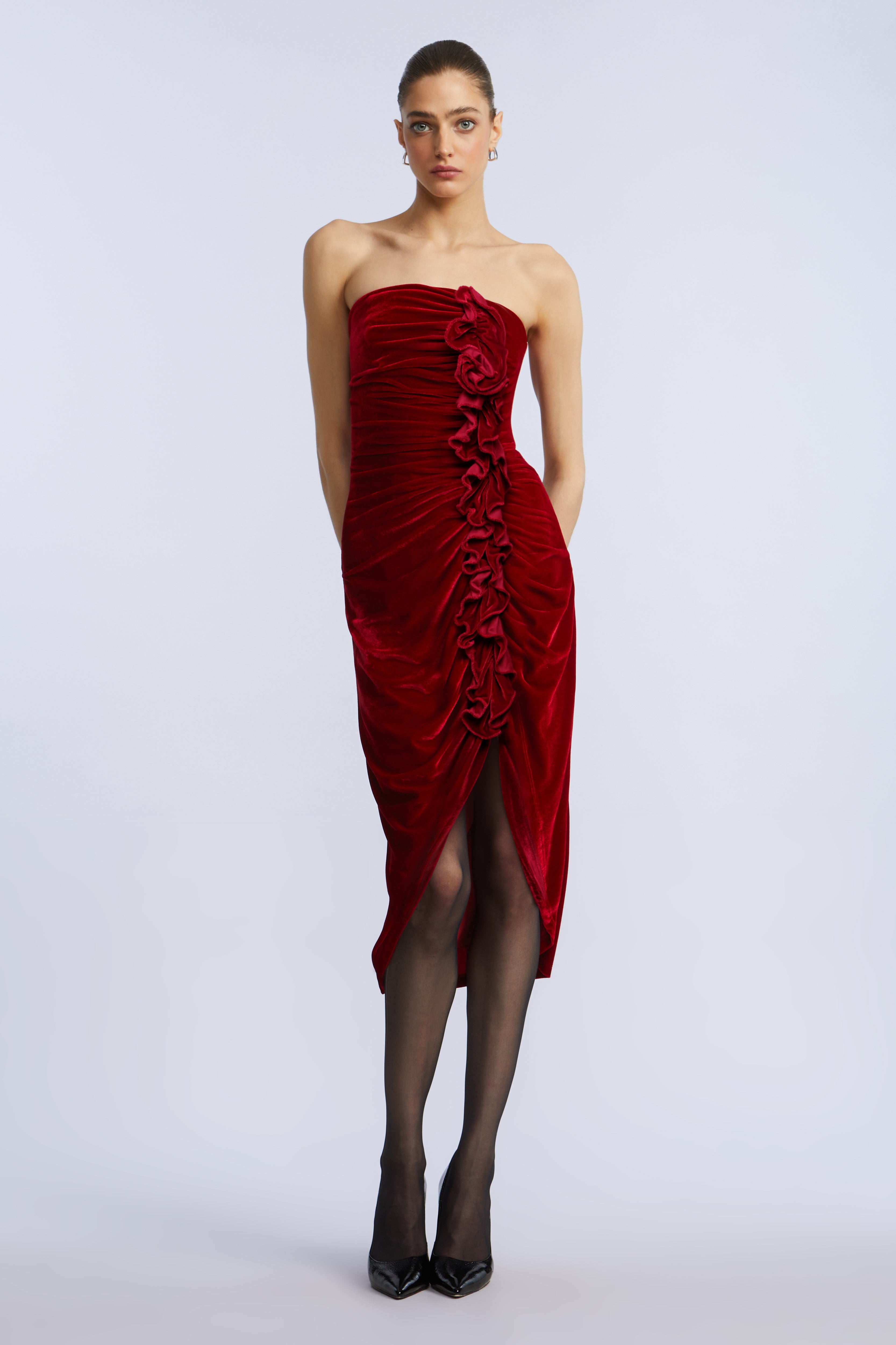 Strapless Velvet Ruffle Dress Chilli Pepper / 14 Strapless Velvet Ruffle Dress Chilli Pepper / 14