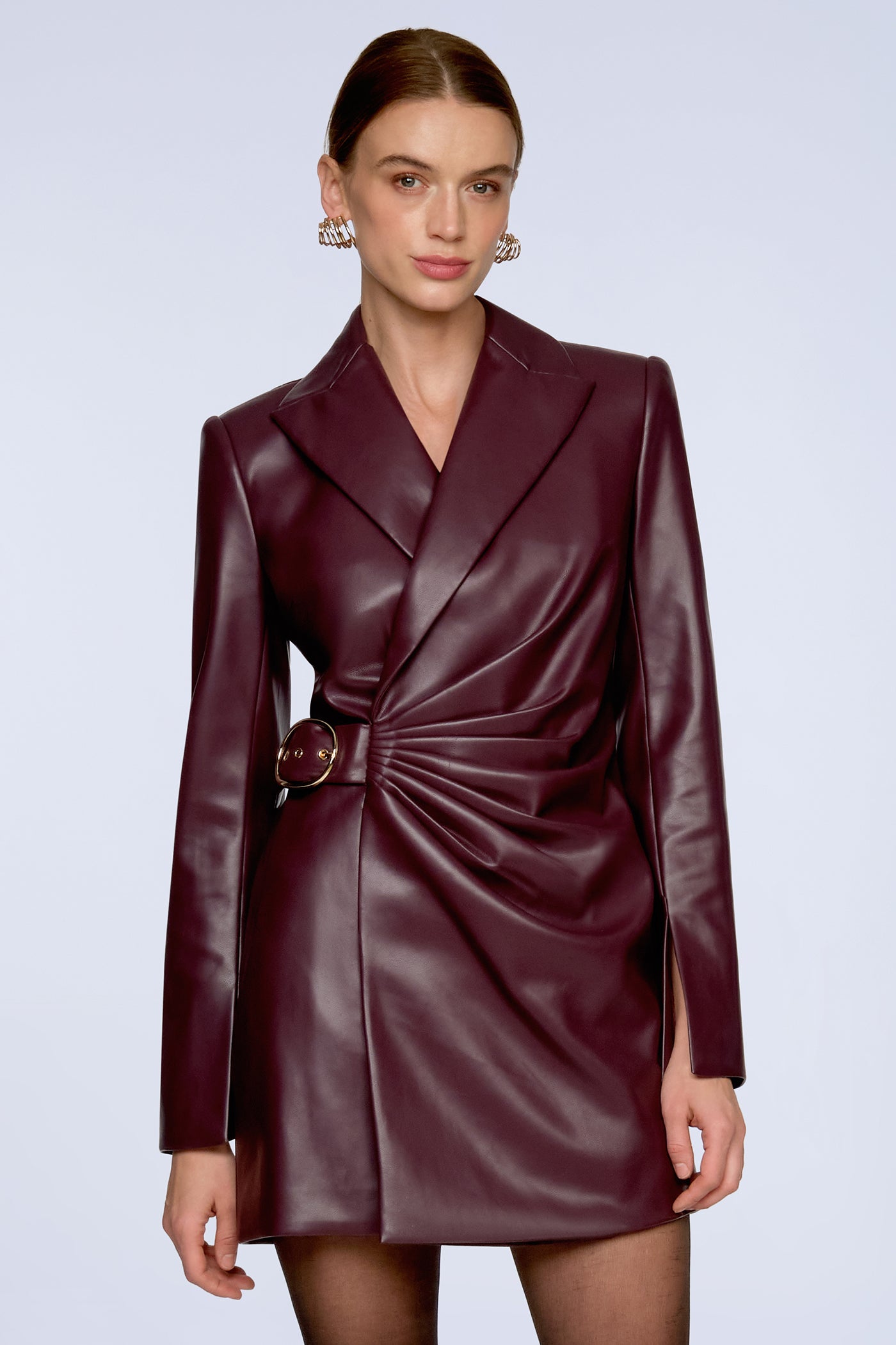burgundy leather blazer dress BAILA BURGUNDY VEGAN LEATHER BLAZER MINI DRESS Medium