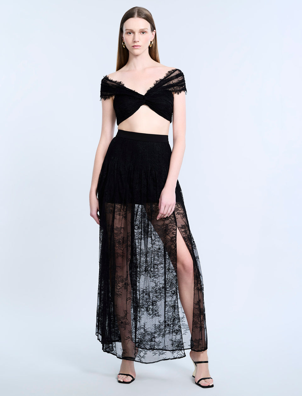 Black Lace Trim Sequin Details Pleated Skirt