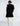 BACK VIEW BLACK/DK NAVY WOMEN'S DRAPED SHAWL COLLAR WOOL COAT WITH LAMB LEATHER SLEEVE