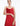 FRONT DETAIL VIEW RED SATIN SLEEVELESS COWL NECK MIDI SLIP GOWN WITH CRYSTAL STRAP DETAIL