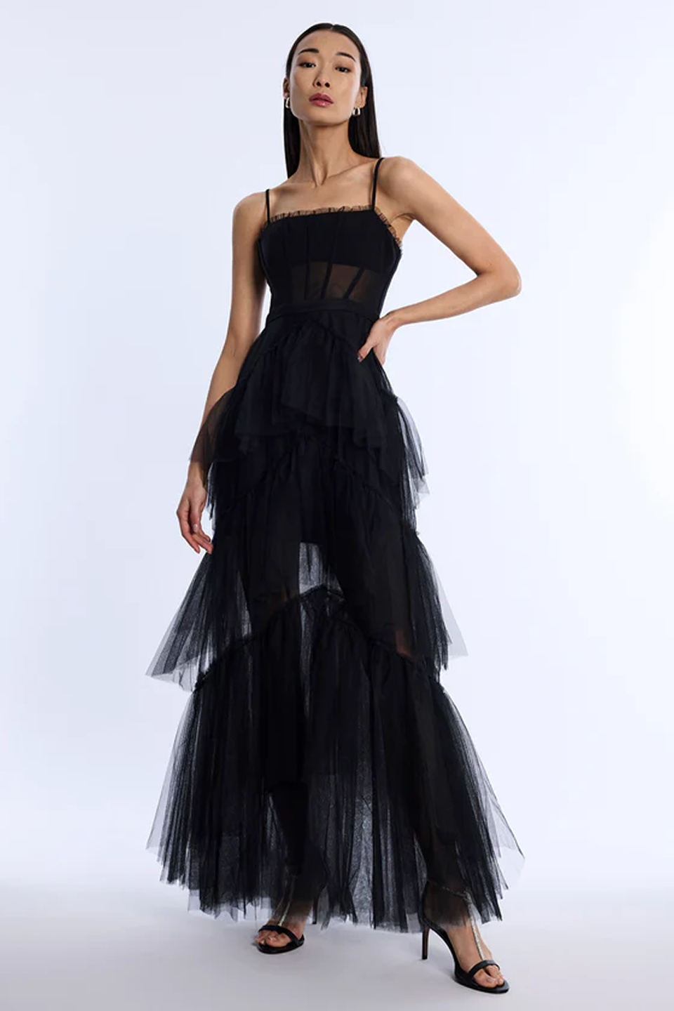 Oly Tiered Ruffle Tulle Evening Gown Black / 14 Oly Tiered Ruffle Tulle Evening Gown Black / 14